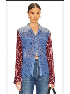 Rag & Bone Wyatt Patchwork Shirt Sz M Dark Blue Floral Medium Western Yoke NWT